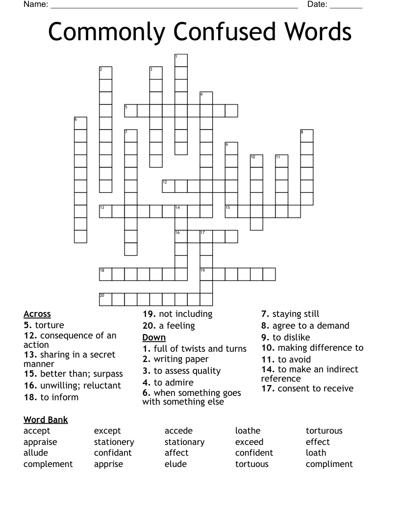 Commonly Confused Words Crossword