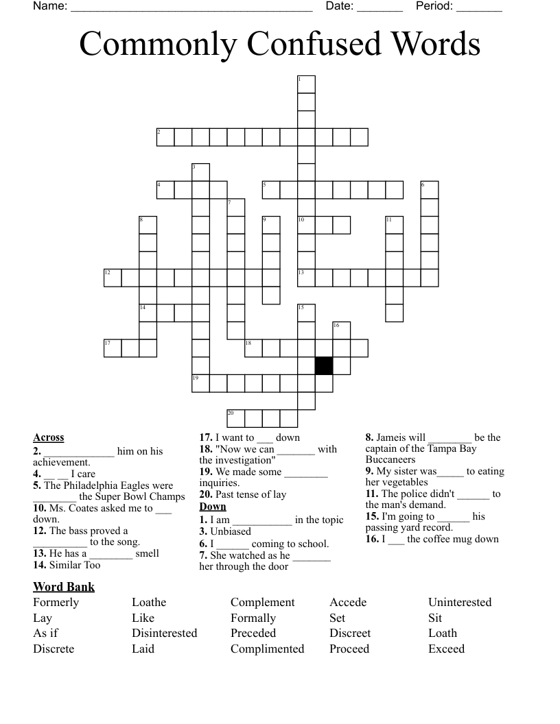 Commonly Confused Words Crossword
