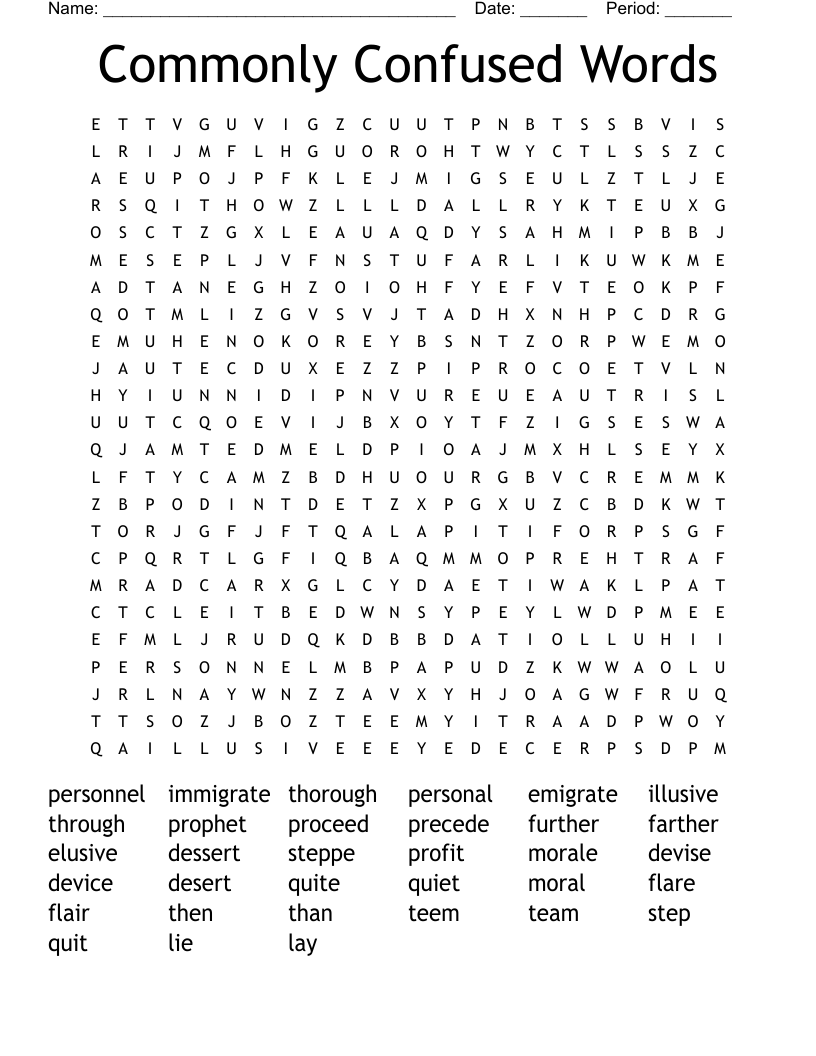 Commonly Confused Words Word Search