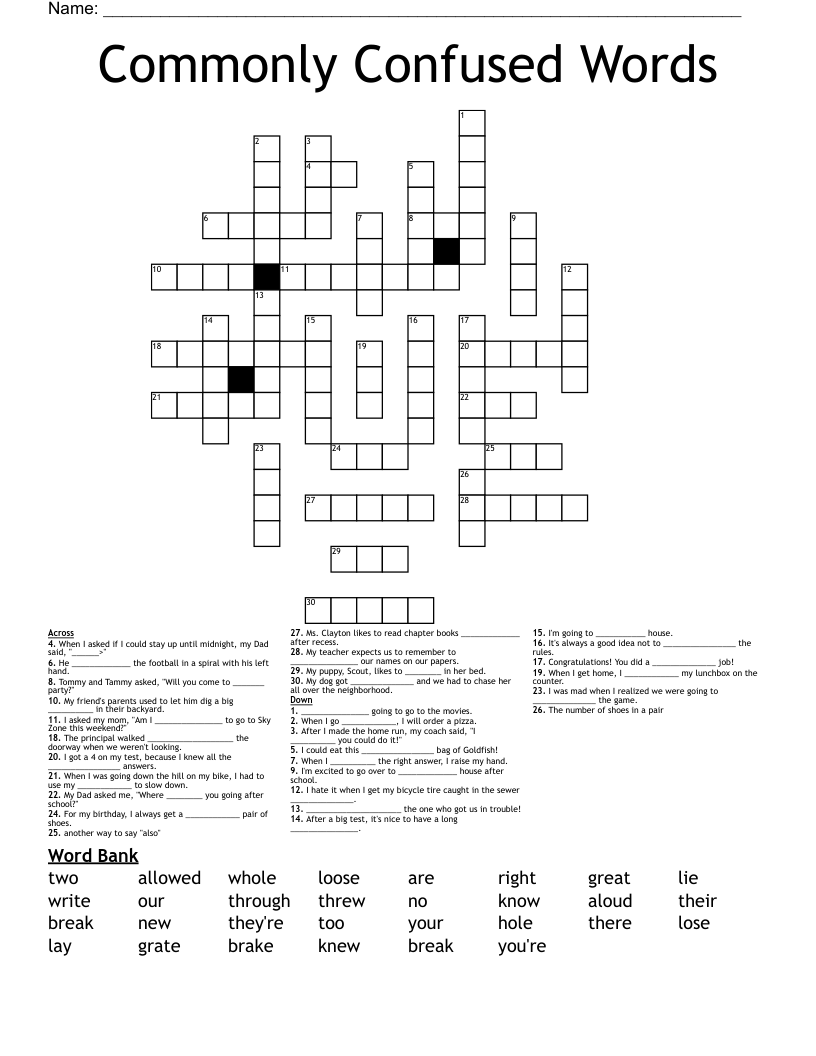 Commonly Confused Words Crossword