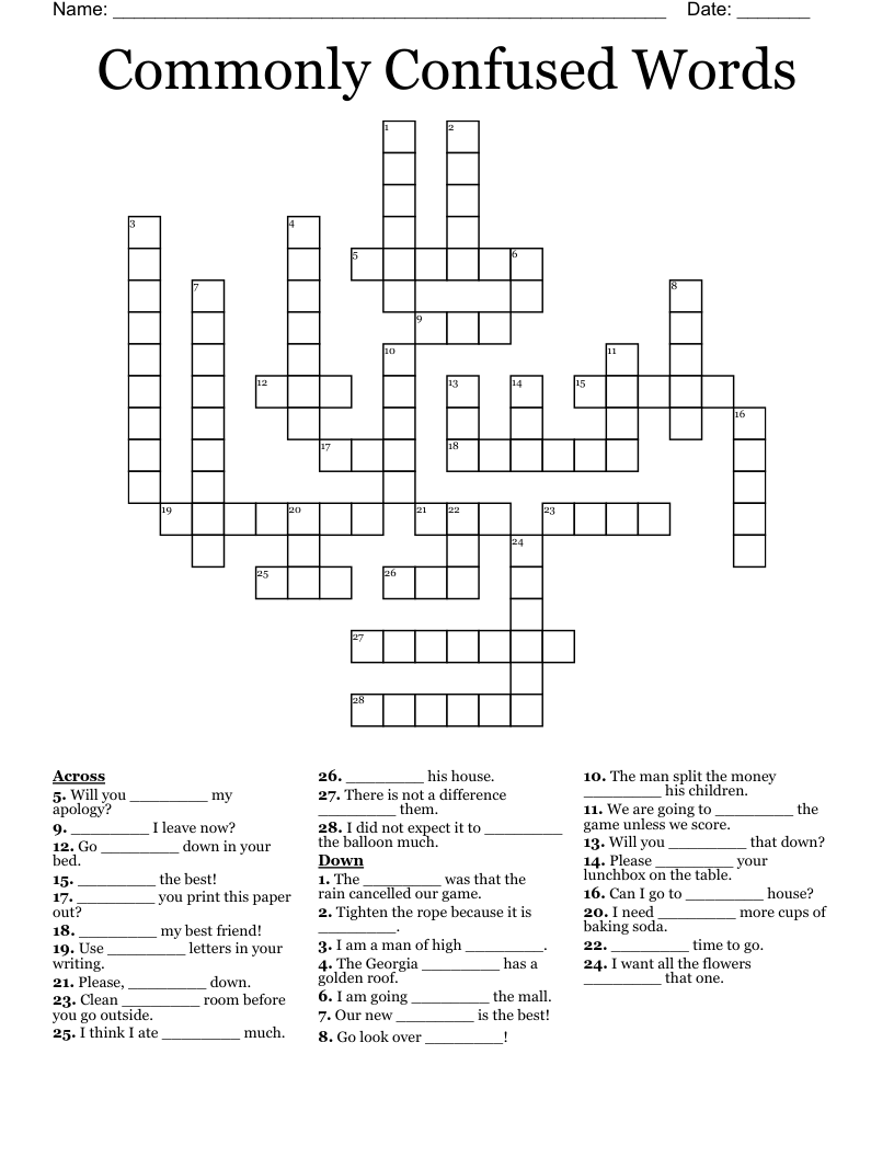 Commonly Confused Words Crossword