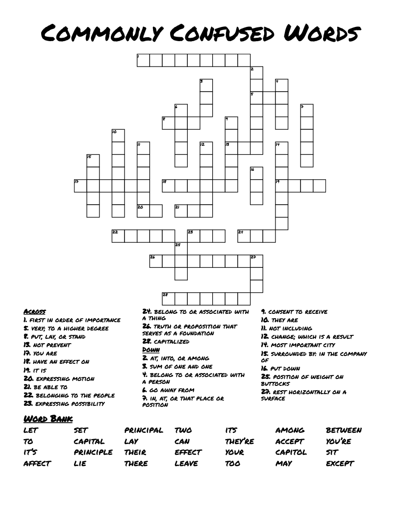 Commonly Confused Words Crossword