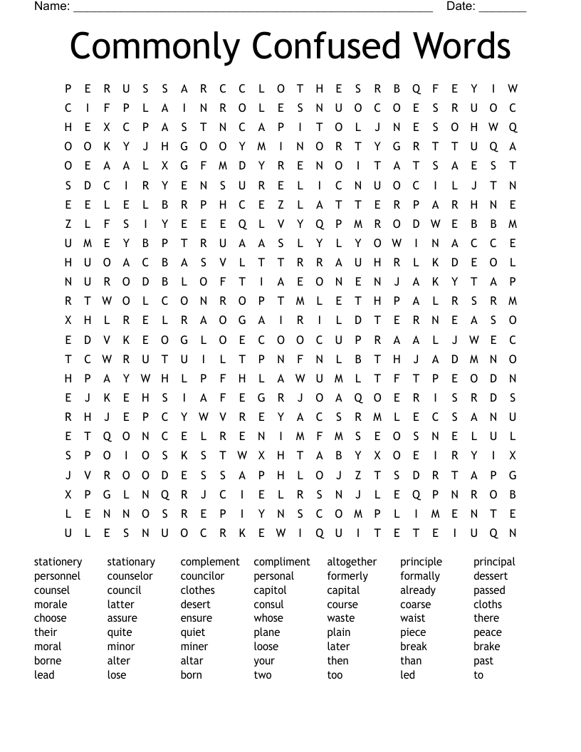 Commonly Confused Words Word Search