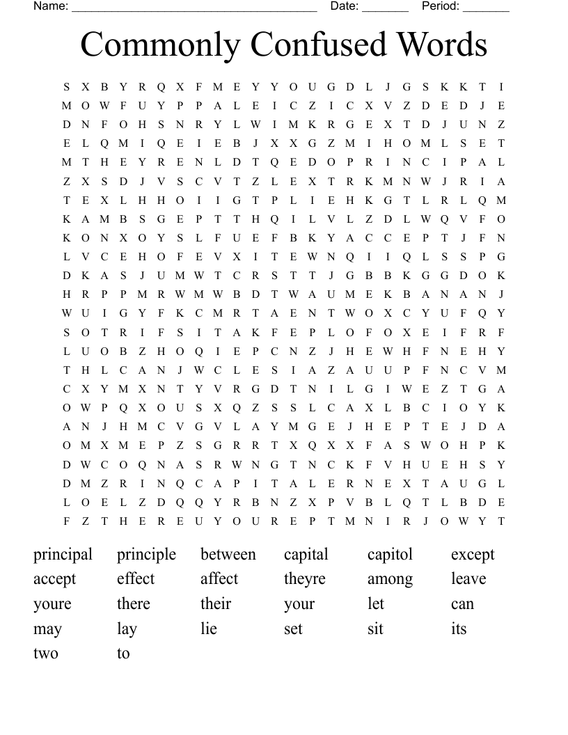 Commonly Confused Words Word Search