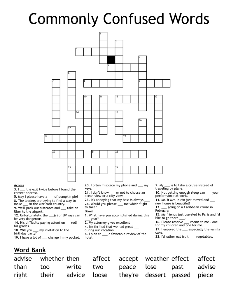 Commonly Confused Words Crossword