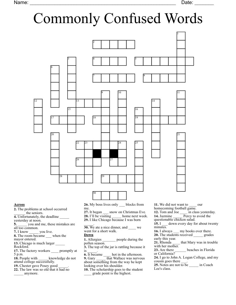 Commonly Confused Words Crossword