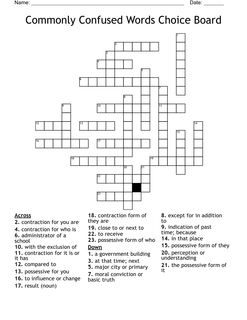 Commonly Confused Words Choice Board Crossword
