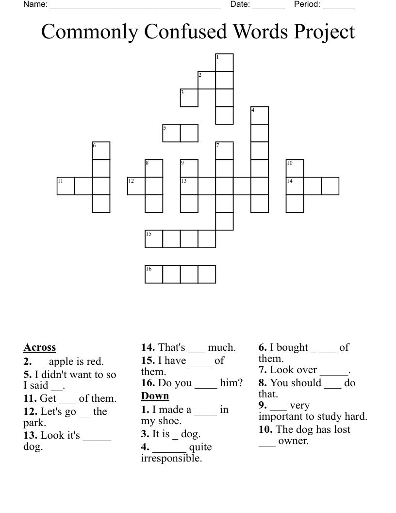 Commonly Confused Words Project Crossword