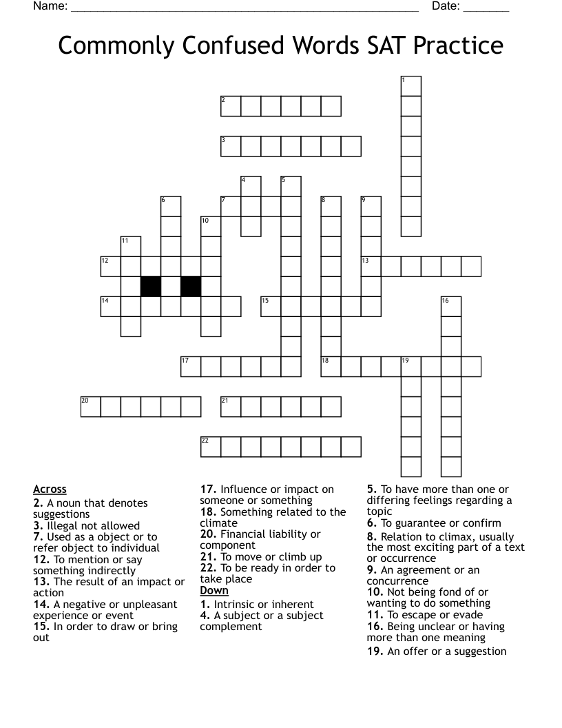 Commonly Confused Words SAT Practice Crossword