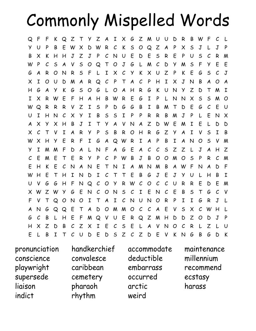 Commonly Mispelled Words Word Search