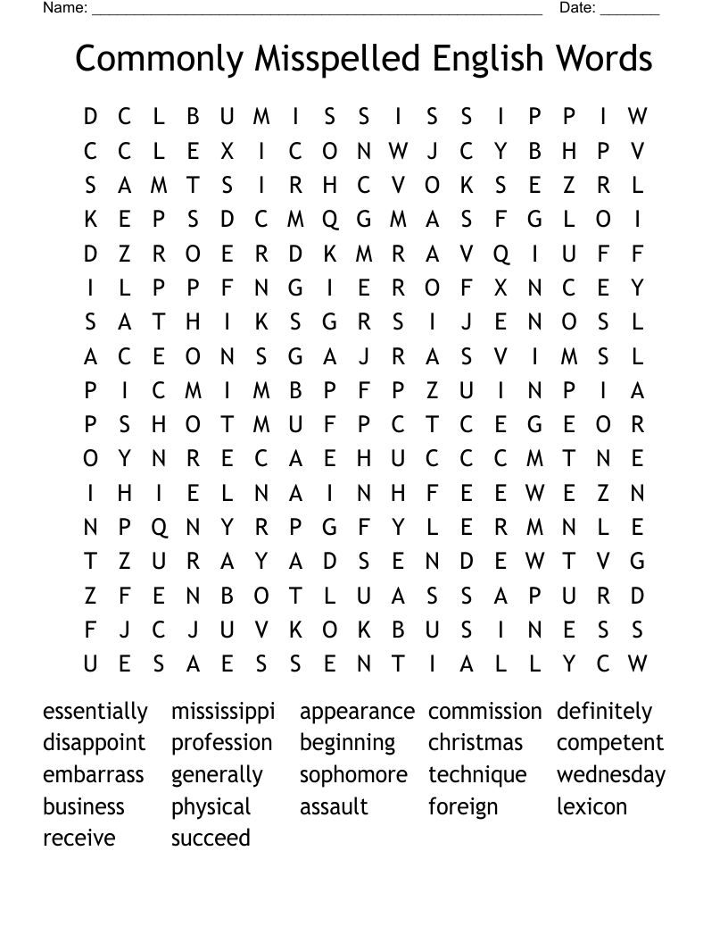 Commonly Misspelled English Words Word Search
