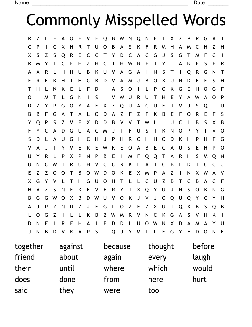 Commonly Misspelled Words Word Search