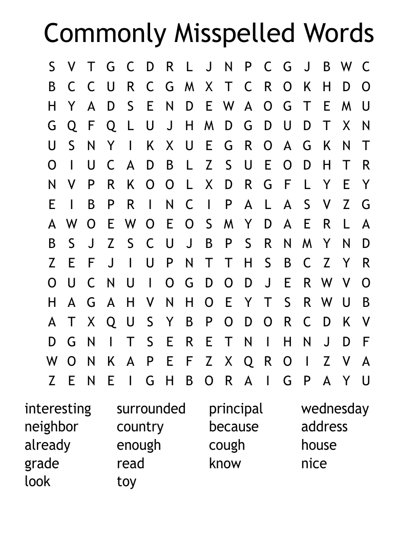 Commonly Misspelled Words Word Search