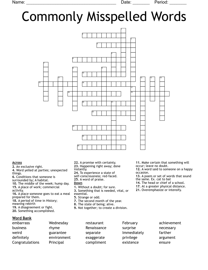 Commonly Misspelled Words Crossword