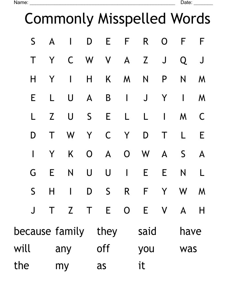 Commonly Misspelled Words Word Search