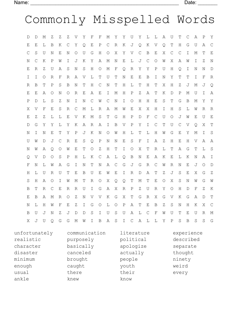 Commonly Misspelled Words Word Search