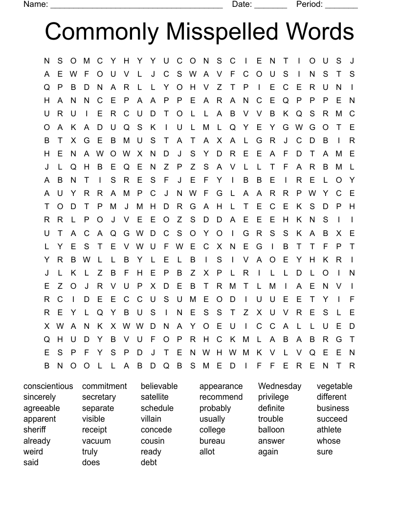 Commonly Misspelled Words  Word Search