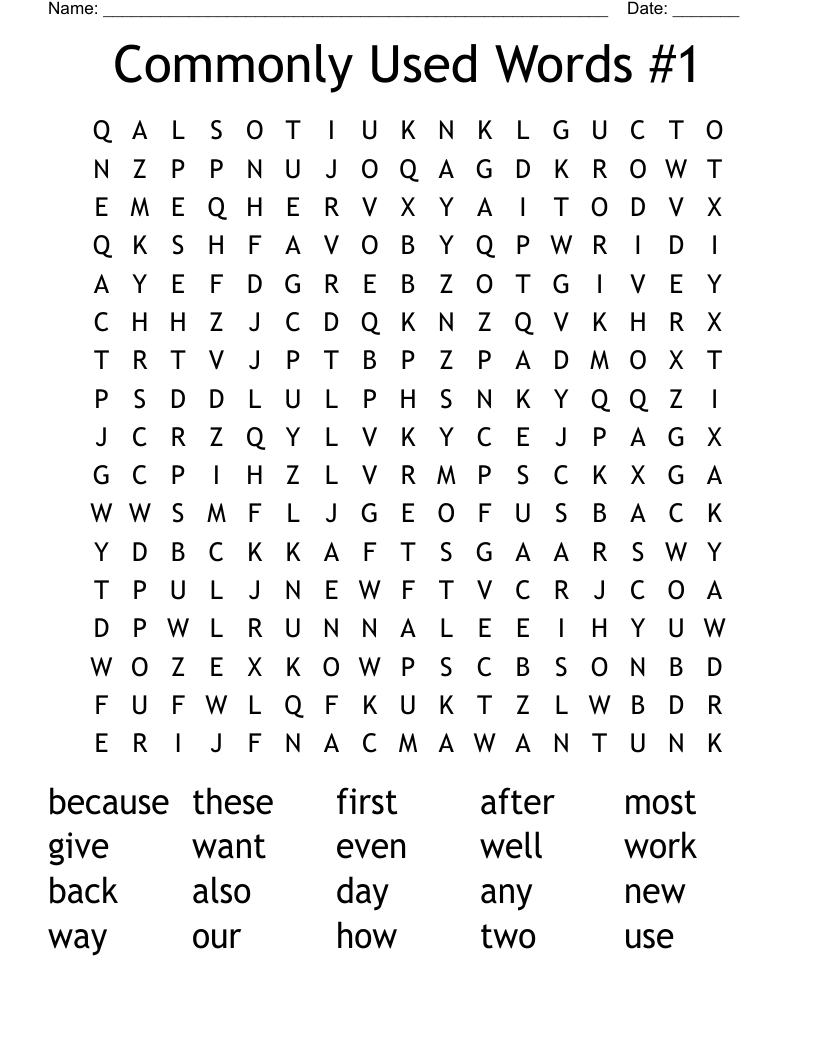 Commonly Used Words #1 Word Search