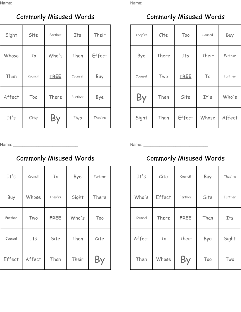 Commonly  Misused Words Bingo Cards