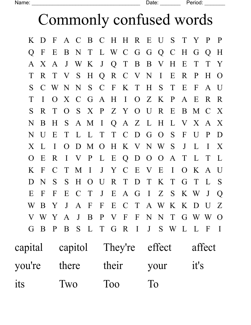 Commonly confused words Word Search