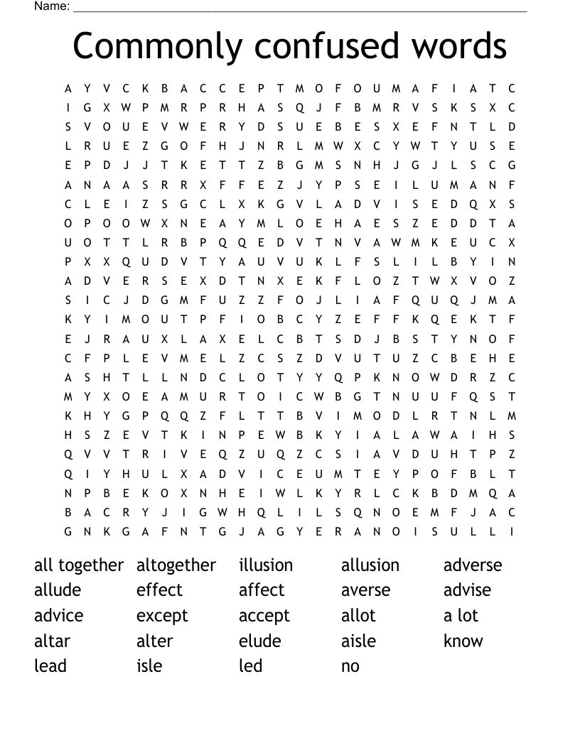 Commonly confused words Word Search