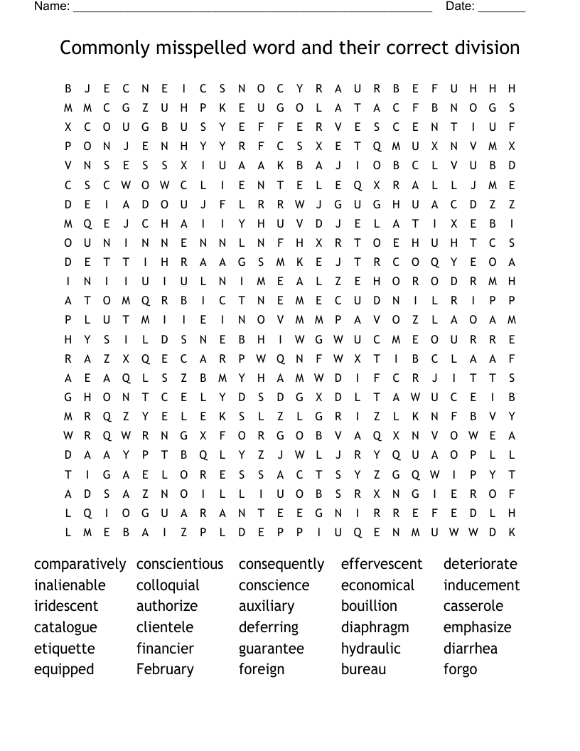 Commonly misspelled word and their correct division Word Search