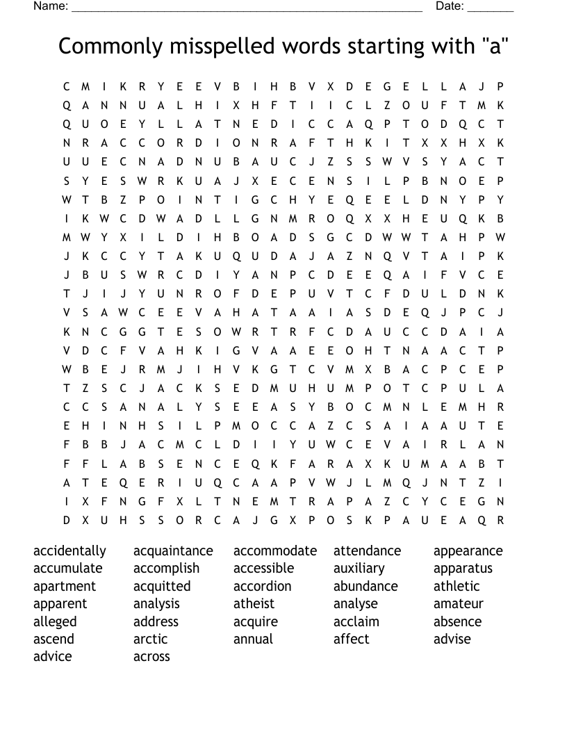 Commonly misspelled words starting with "a" Word Search