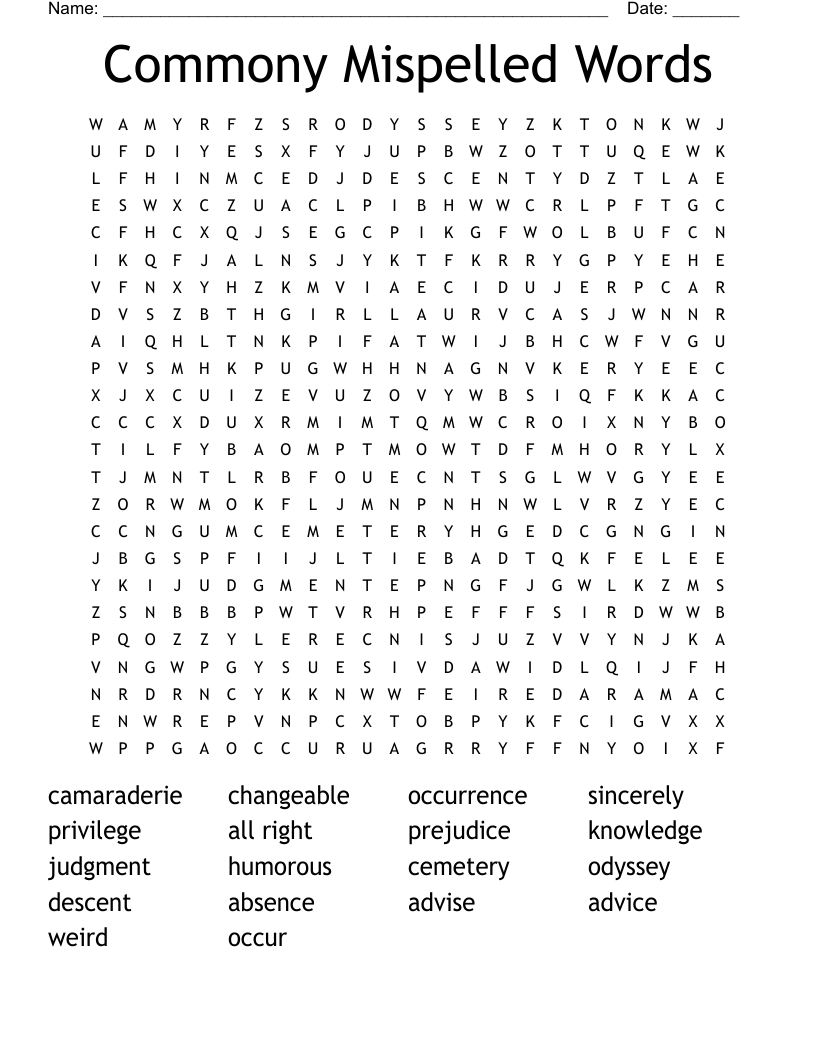 Commony Mispelled Words Word Search