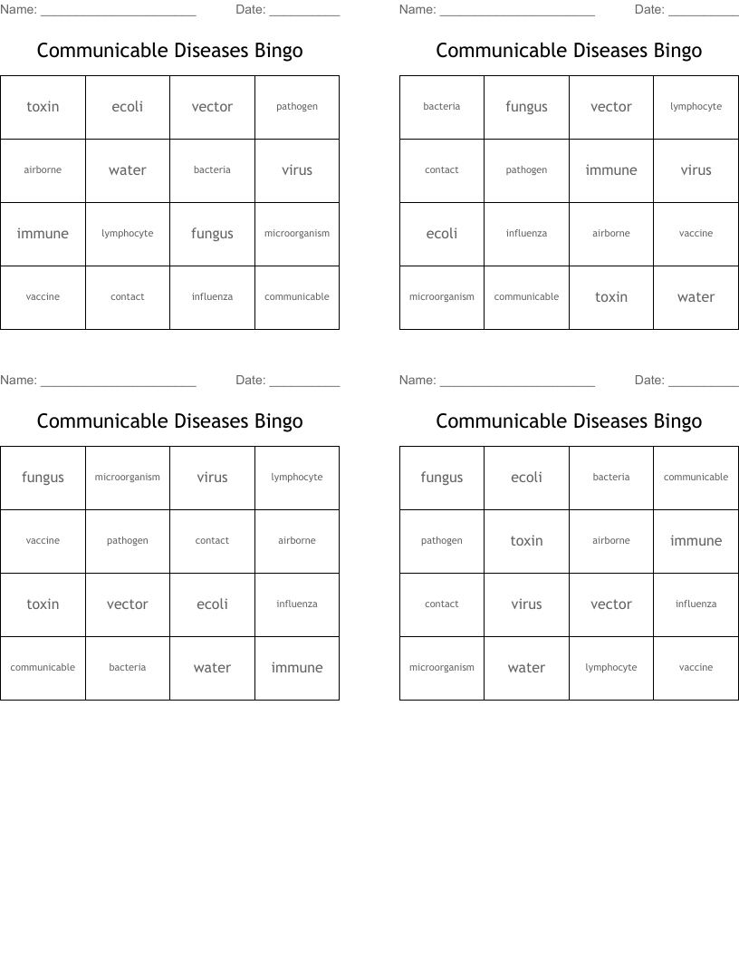 Communicable Diseases Bingo