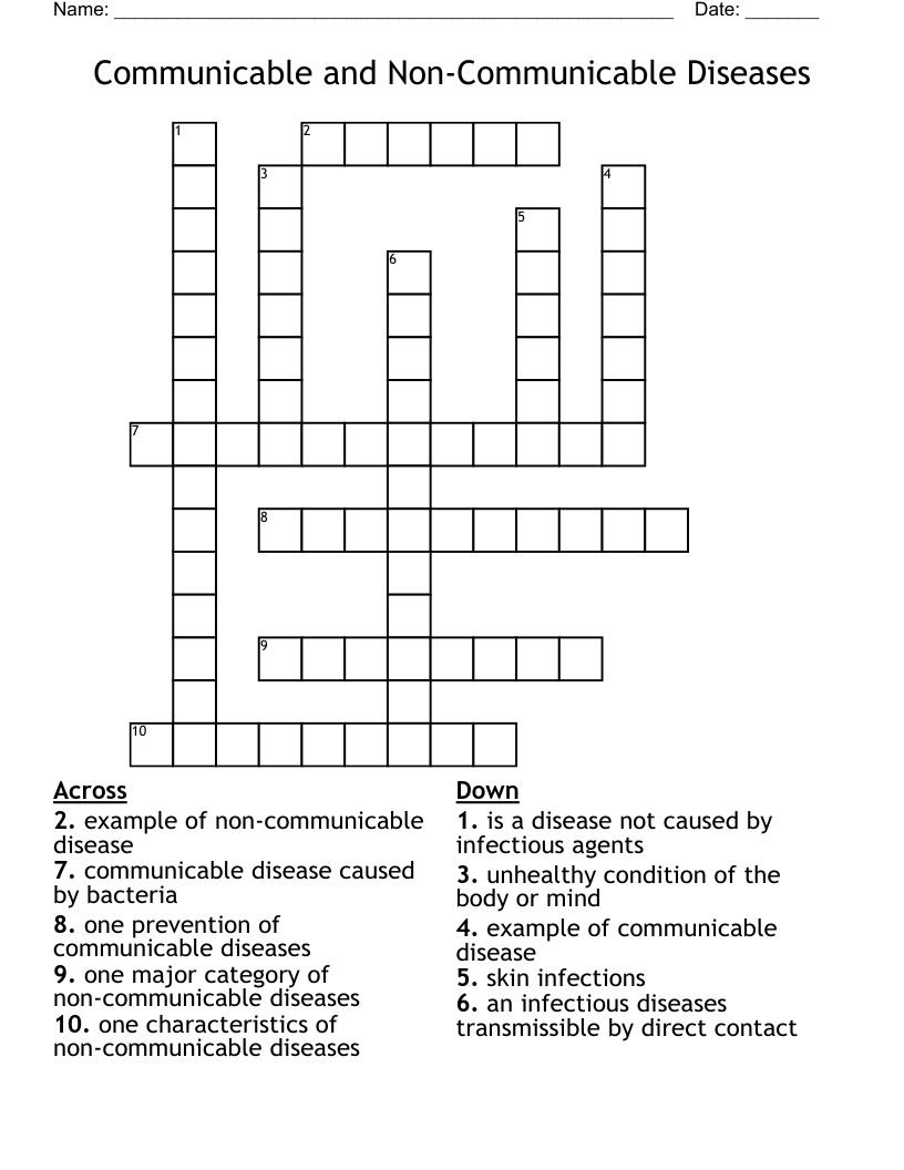 Communicable and Non-Communicable Diseases Crossword