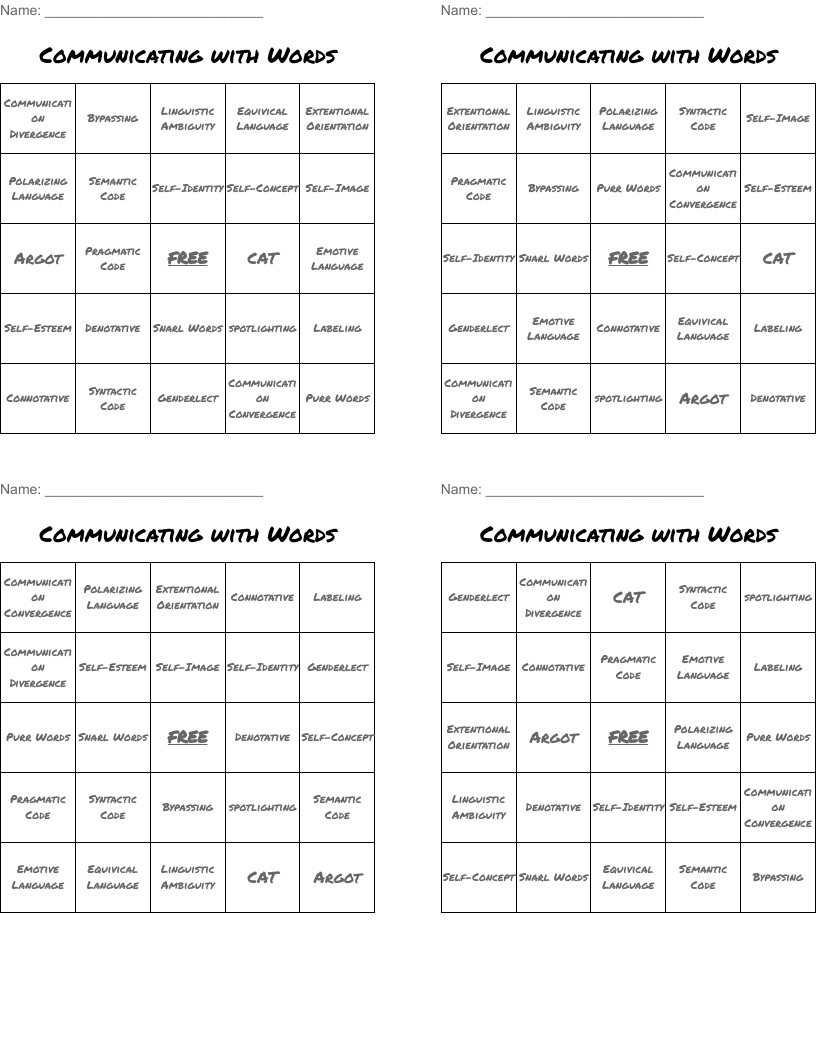 Communicating with Words Bingo Cards