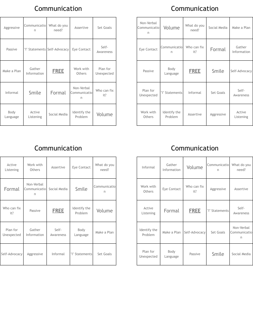 Communication Bingo Cards