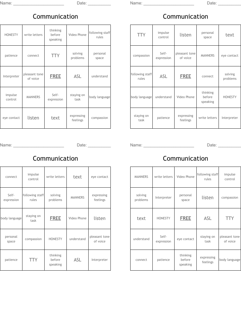 Communication Bingo Cards