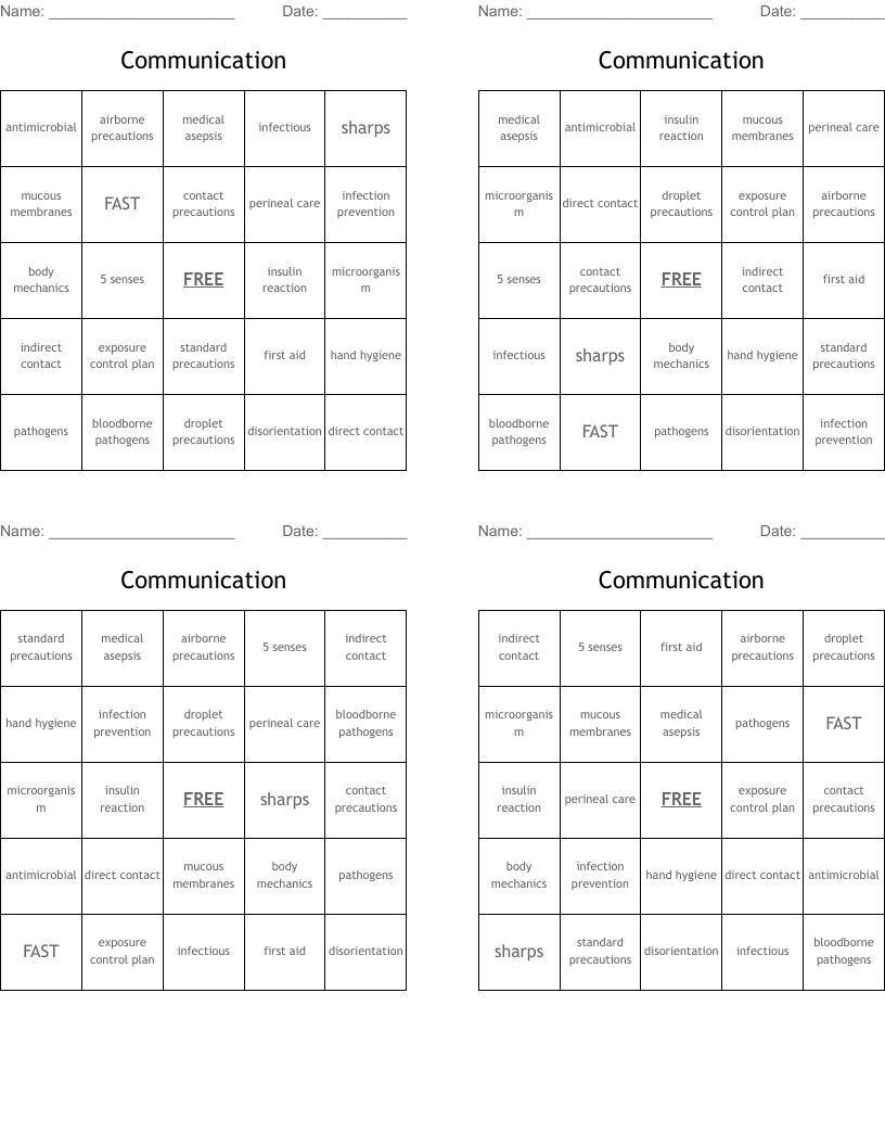 Communication Bingo Cards
