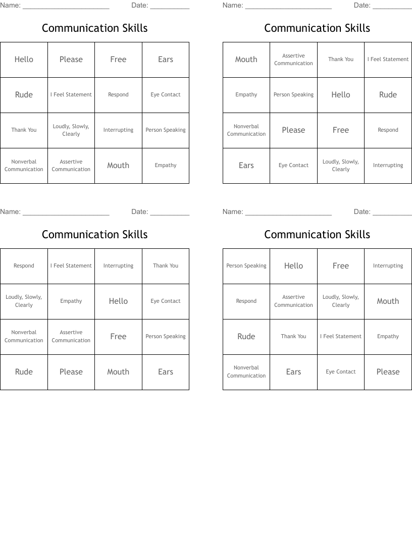 Communication Skills Bingo Cards