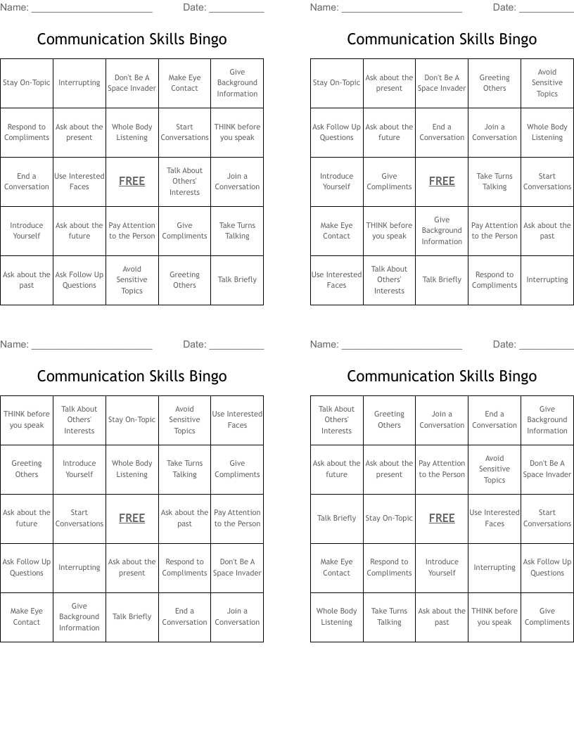 Communication Skills Bingo