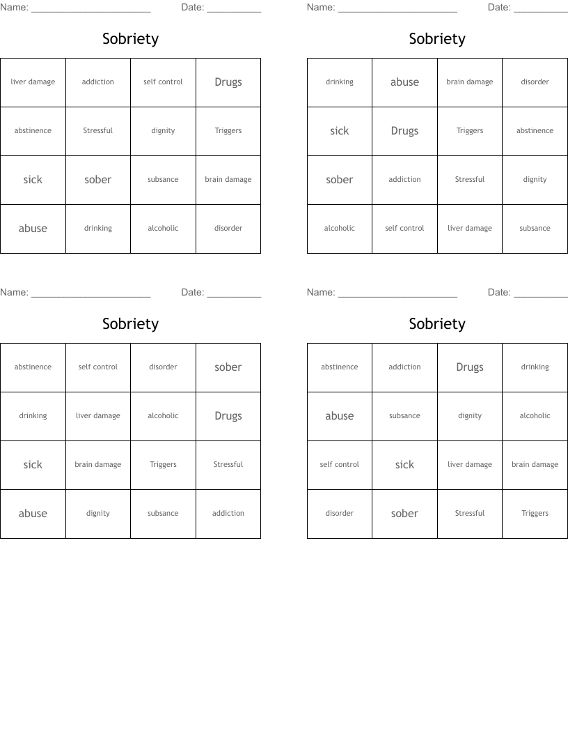 Sobriety Bingo Cards