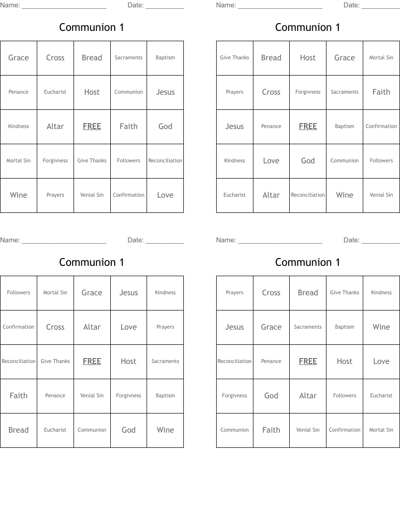 Communion 1 Bingo Cards