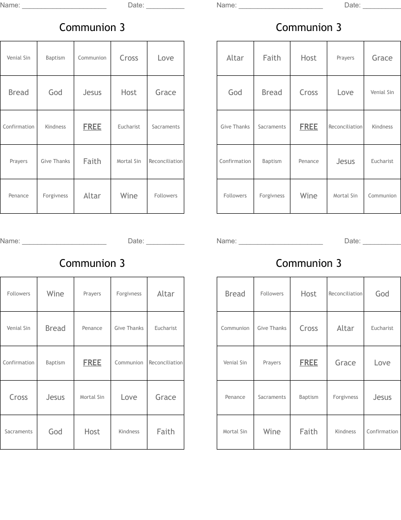 Communion 3 Bingo Cards