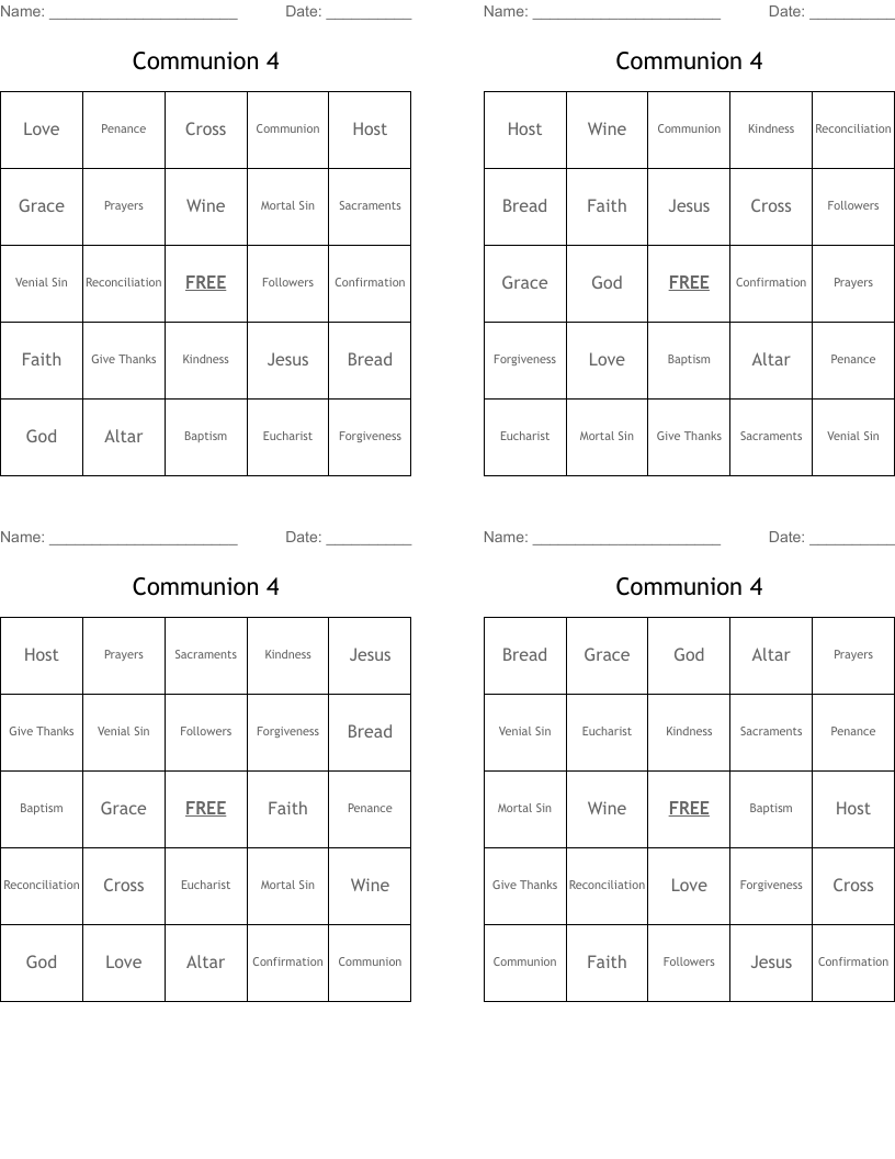 Communion 4 Bingo Cards