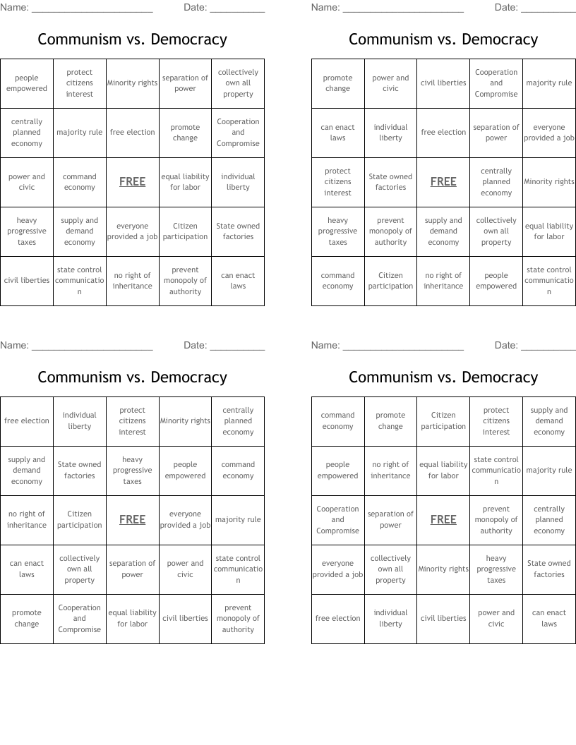 Communism  vs. Democracy Bingo Cards