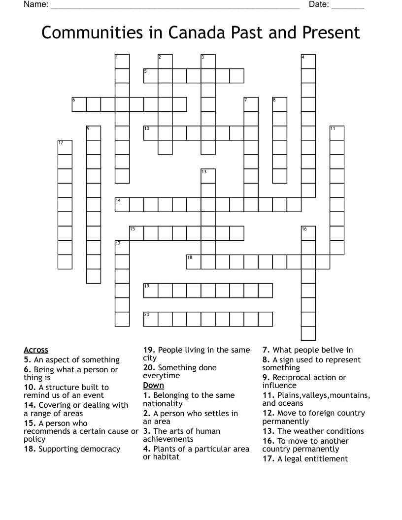 Communities in Canada Past and Present Crossword