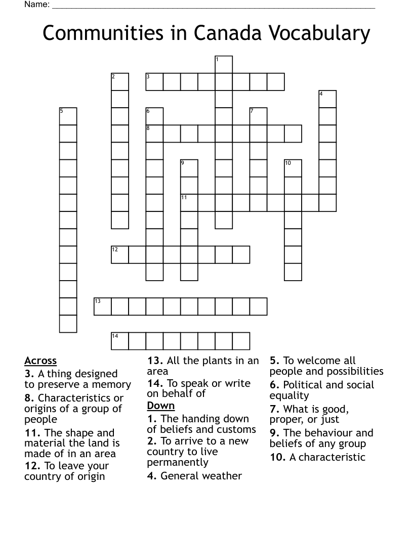 Communities in Canada Vocabulary Crossword