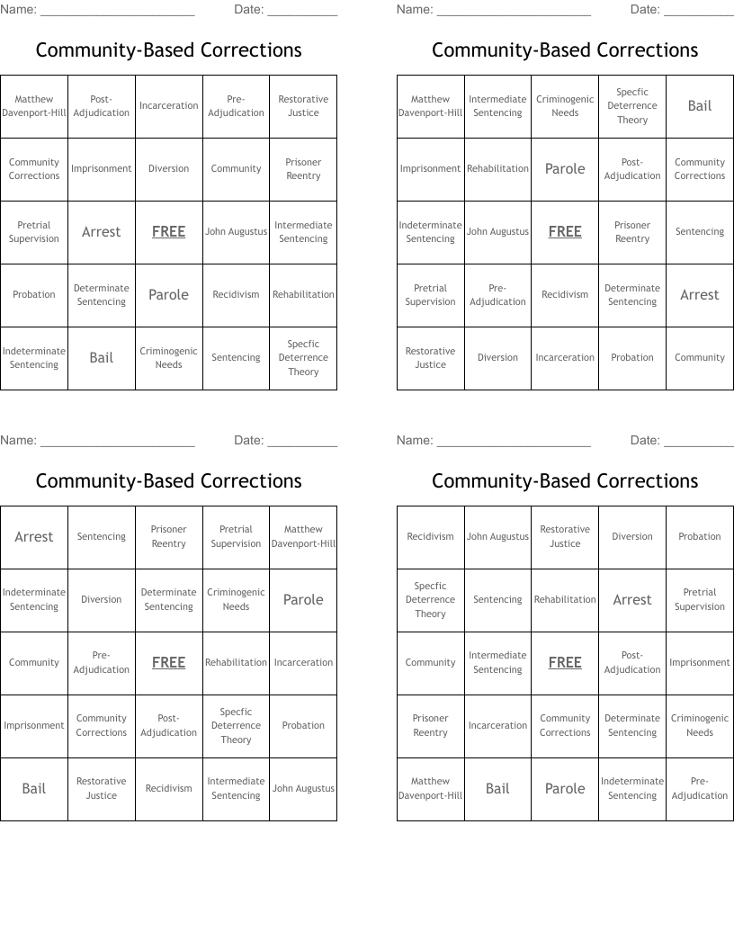 Community-Based Corrections Bingo Cards