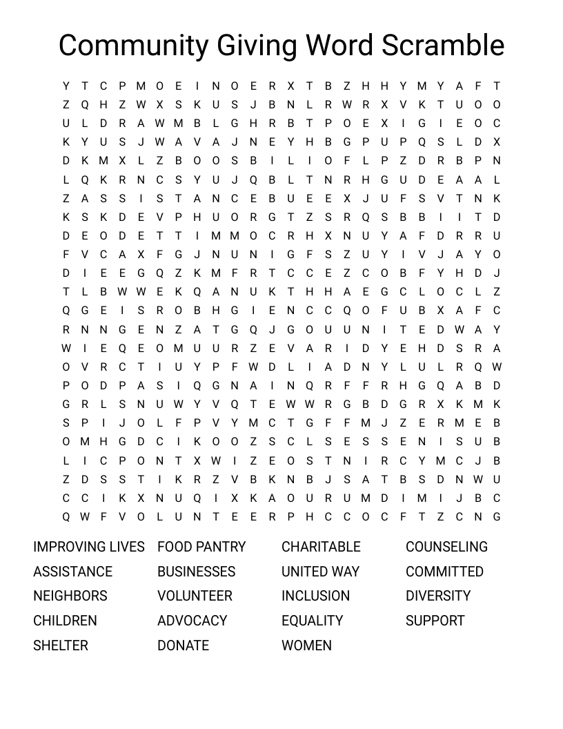 Community Giving Word Scramble Word Search