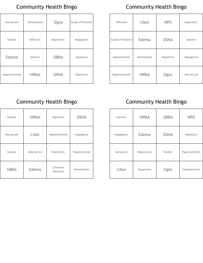 Community Health Bingo