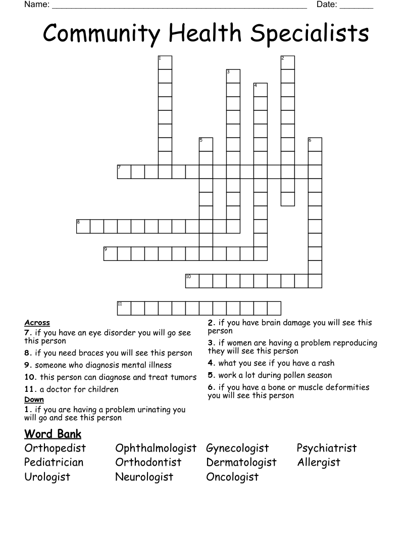 Community Health Specialists Crossword