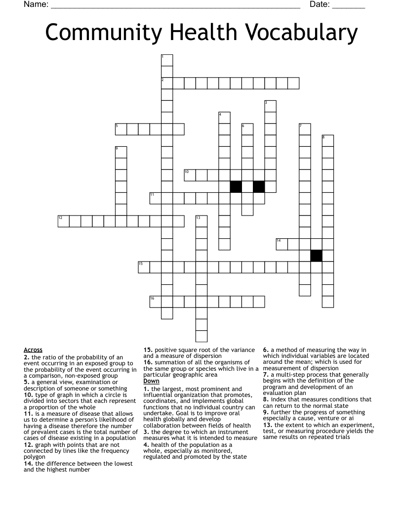 Community Health Vocabulary  Crossword