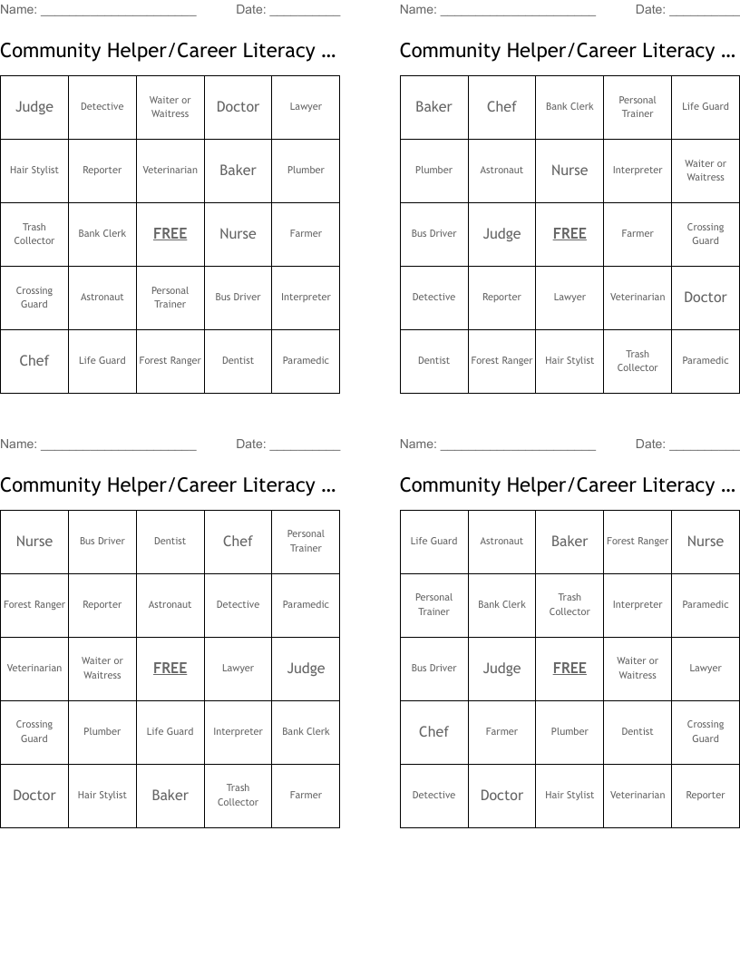 Community Helper/Career Literacy Bingo 