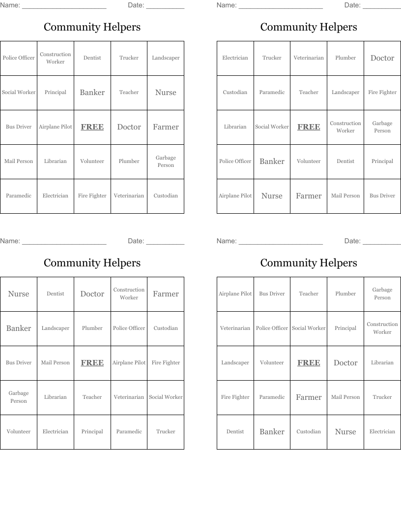 Community Helpers Bingo Cards